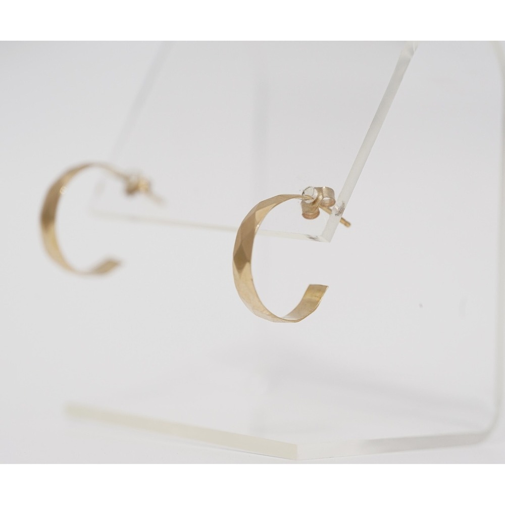 Vintage 14k Solid Yellow Gold Hoop Textured Diamond Triangle Pattern Earrings - Picture 7 of 7